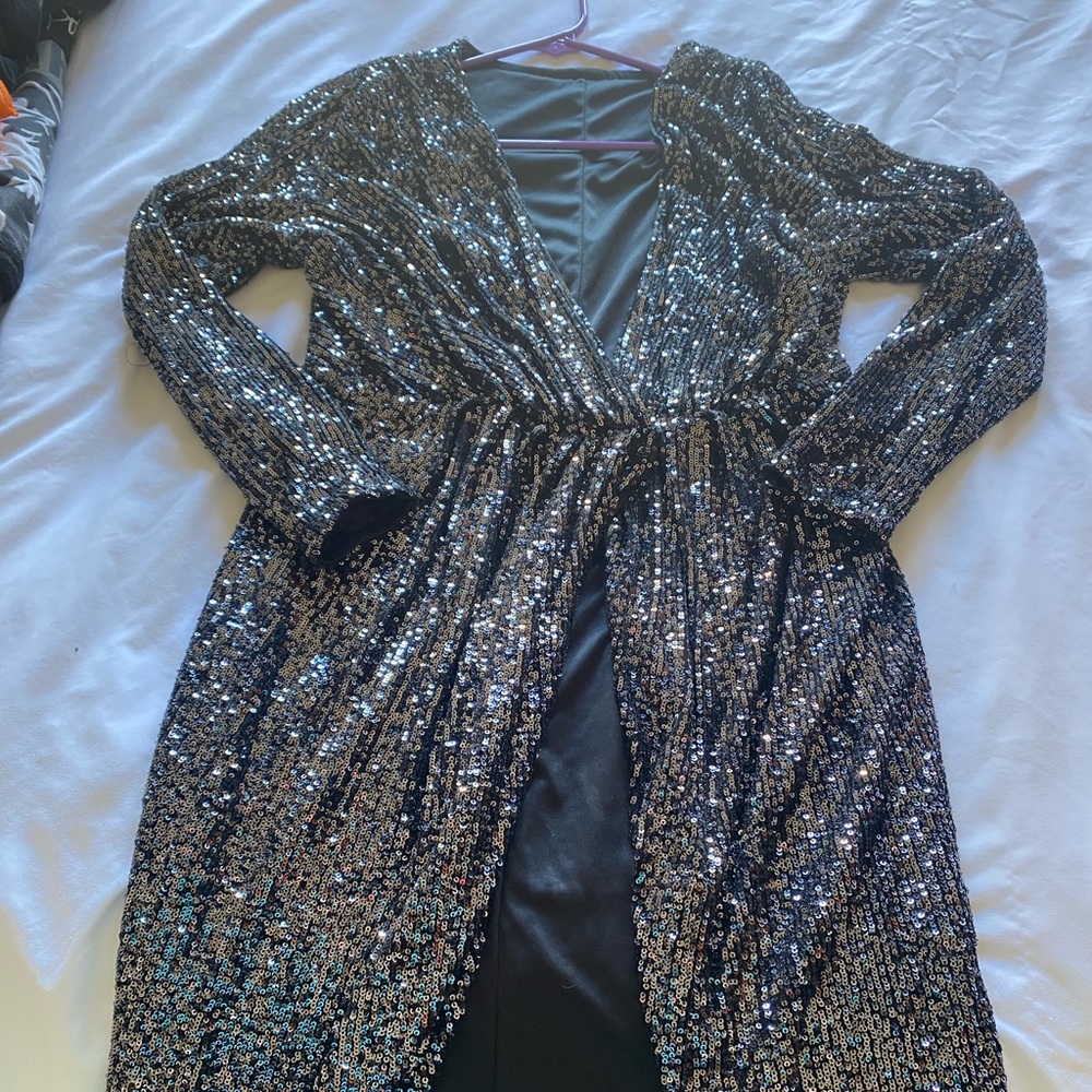 High low Sequin wrap/vest that can be buttoned to a dress